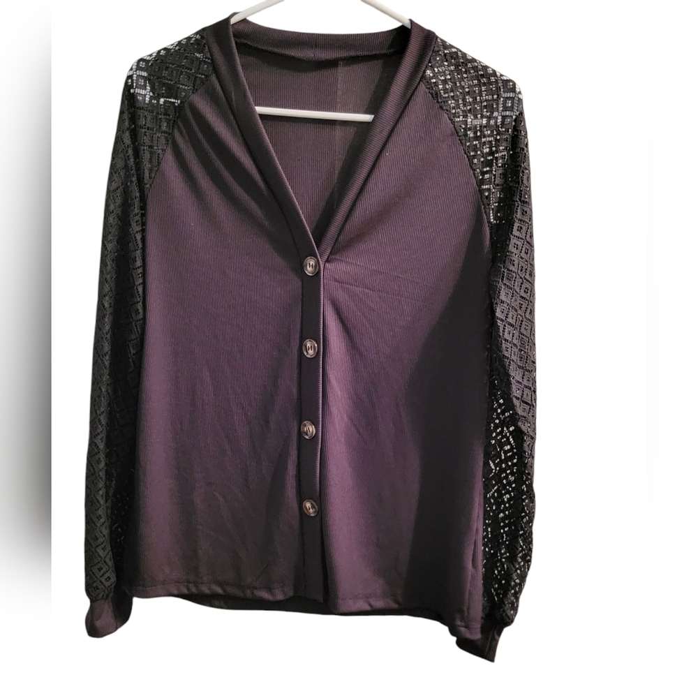 Women's Black Button-Up Cardigan with Lace Sleeves, Buttery Soft!! Medium, NWOT